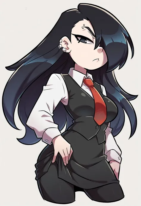 score_9, score_8_up, score_7_up, expressive eyes, perfect face, 1girl, solo, long hair, breasts, looking at viewer, skirt, simple background, shirt, black hair, long sleeves, closed mouth, white shirt, cowboy shot, necktie, collared shirt, hair over one ey...