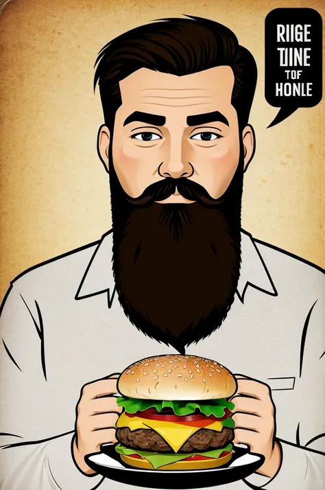 Logo handsome bearded man shows with his right hand his saucer a hamburger line art