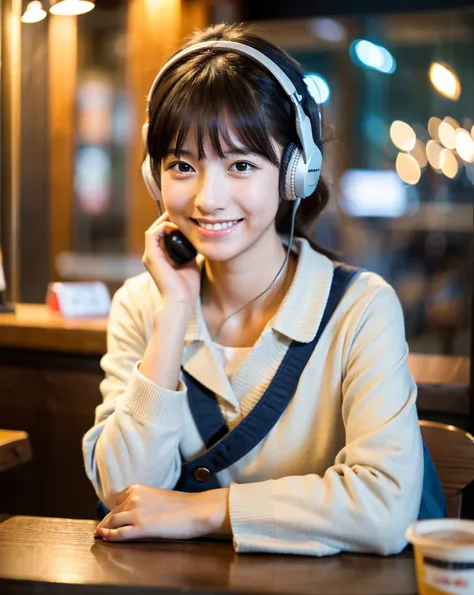 Ultra HD、128ｋ、masterpiece、Cute little kindergarten girl studying in a coffee shop while listening to music on headphones、clavicle, RAW Photo、pretty girl、Hands on headphones, Warm lighting、Beautiful night view、Japanese anime style、Looking at this, smile, Sm...