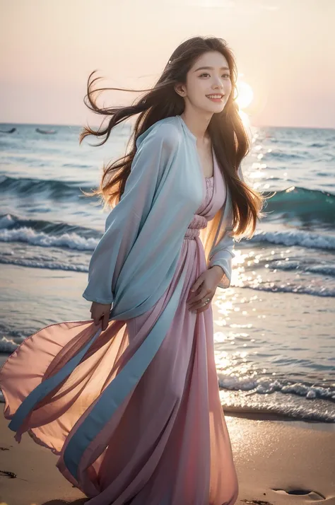 (((best quality))),(((ultra detailed))),(((masterpiece))),illustration,1girl, young, beautiful, long hair, flowing dress, joyful expression, outdoor setting, beach, sunrise, soft lighting, pastel colors, serene atmosphere, music, singing, nostalgic feeling...