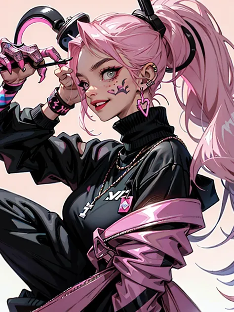 kpop girl with rizz smile face, bad ass, black,pink hair, tattoos on hands and neck, piercing, black mixed pink striped sweater, cool badass pose, smoke background ,jht,1boy, slightly long pointy thin fingernails
