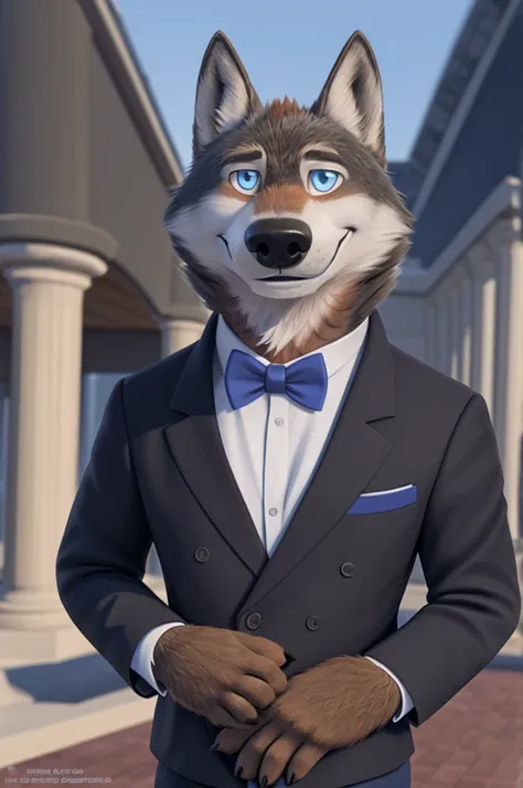 larry (zveropolis), wolf, gray fur, (brown body:1.3), beautiful blue eyes, zveropolis, dressed,blazer,pink shirt,trousers,bow ti...