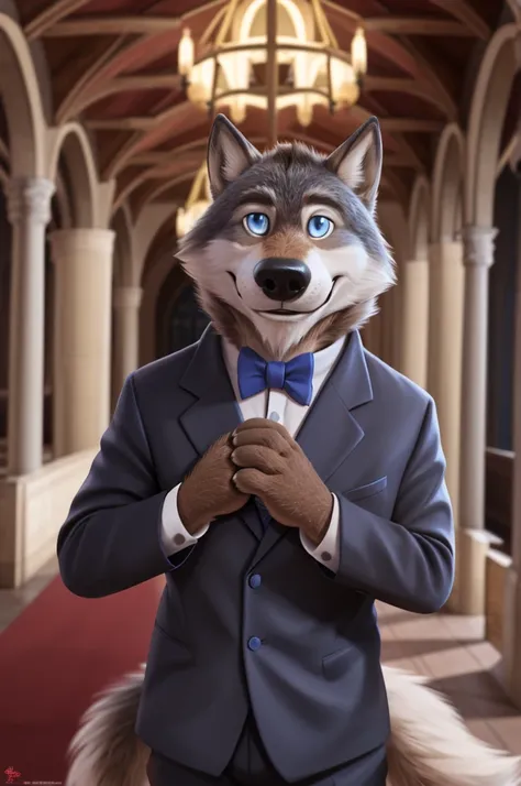 Larry (Zveropolis), wolf, gray fur, (brown body:1.3), beautiful blue eyes, Zveropolis, dressed,blazer,pink shirt,trousers,bow tie, canine,wolf, Detailed fur, male, antro, paw pads, finger claws,одевает bow tie, Plays,at viewer, 5 fingers, paws, 4 toes, in ...