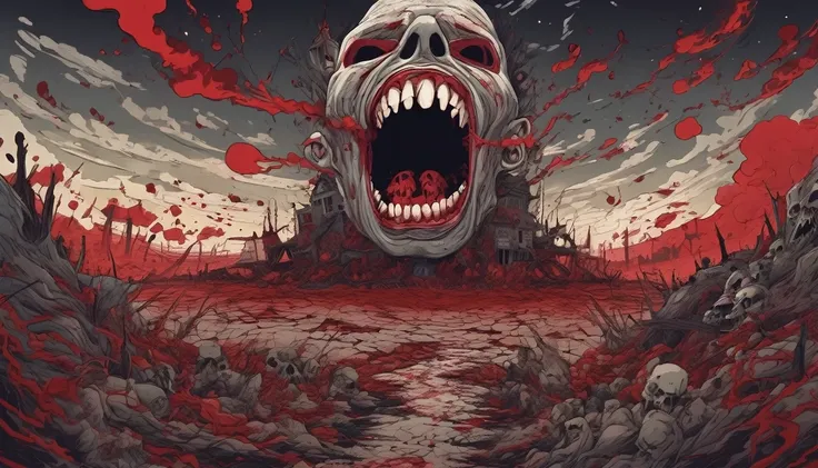 a world made of nightmares where the sky is covered in screaming faces and the ground is full of human teeth and blood art style is surreal