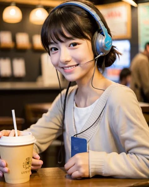  Looking at this, smile, Ultra HD、128ｋ、masterpiece、Cute little kindergarten girl studying in a coffee shop while listening to music on headphones、clavicle, RAW Photo、pretty girl、Hands on headphones, Warm lighting、Beautiful night view、Japanese anime style, ...