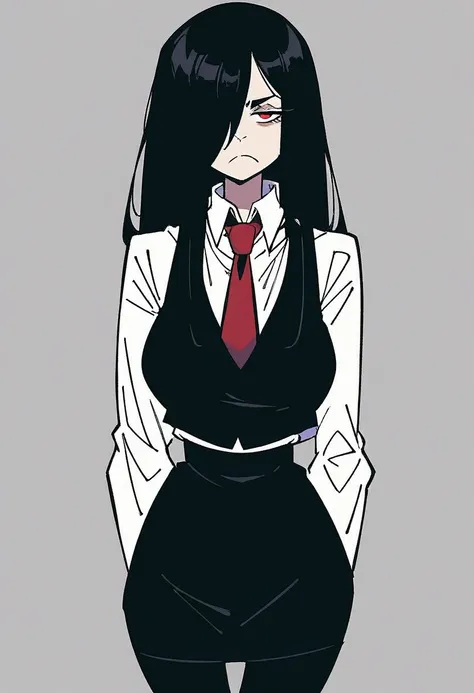 score_9, score_8_up, score_7_up, expressive eyes, perfect face, 1girl, solo, long hair, breasts, looking at viewer, skirt, simple background, shirt, black hair, long sleeves, closed mouth, white shirt, cowboy shot, necktie, collared shirt, hair over one ey...