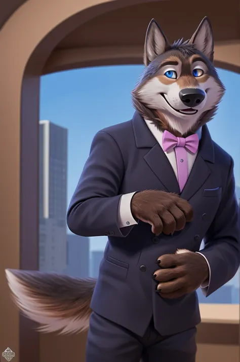 larry (zveropolis), wolf, gray fur, (brown body:1.3), beautiful blue eyes, zveropolis, dressed,blazer,pink shirt,trousers,bow ti...