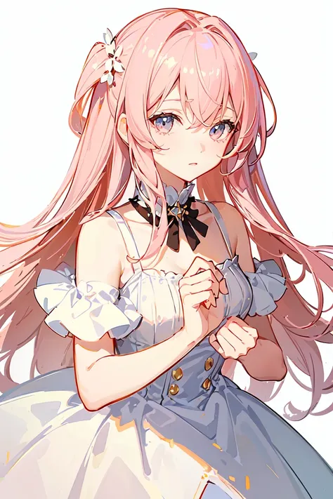 ((Highest quality)), ((Masterpiece 1.2)), (((Extremely delicate and beautiful))), ((Cute and delicate face)), One cute girl, Light pink hair, Fluffy long hair, Bangs, Plain white background, 