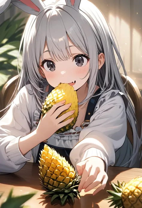 (8k, masterpiece, best quality, ultra-detailed, an extremely delicate and beautiful, official style, depth of field, highly detailed, very aesthetic, intricate, overall detail, perfect anatomy), looking at pineapple, upper body, sit, eating, table, chair, ...