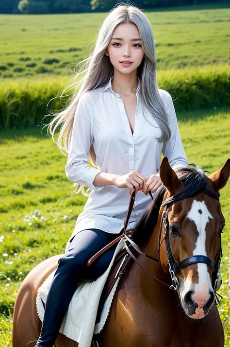 Realistic, masterpiece, Highest quality, Highest Resolution, (A woman is riding a horse in a sunny meadow:1.3), (1girl:1.3), Photographed from the waist up, 20-year-old, Sharp Eyes, Grinning, Slightly to the side, (Beautiful narrow eyes, (Iris:1.2)), (Hidd...