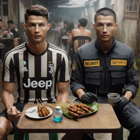 hyper realistic cristiano ronaldo wearing juventus jersey and ,25 year old asian man with buzz cut hair wearing security clothes...