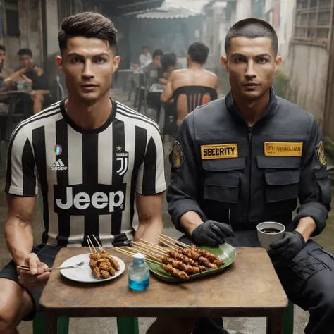 hyper realistic cristiano ronaldo wearing juventus jersey and ,25 year old asian man with buzz cut hair wearing security clothes...