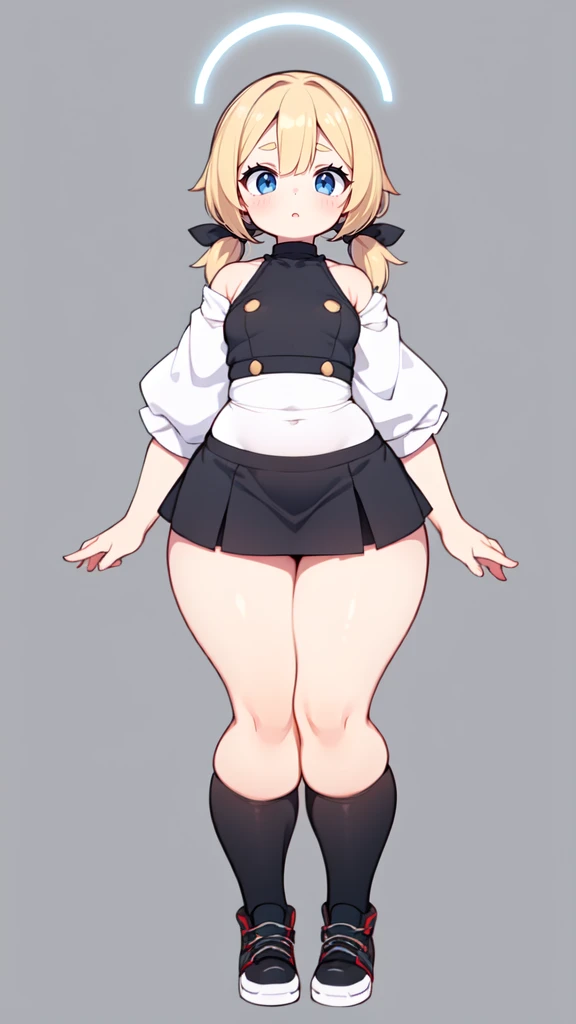 blank background, (((full body))), (masterpiece), ((best quality)), (very short girl), flat chest, short twintail, (wide hips:1.4), (thick thighs:1.4), (very short skirt), toeless footwear