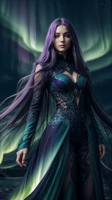 a female character with long, flowing hair that appears to be made of ethereal, swirling patterns resembling the Northern Lights or Aurora Borealis. The background is dominated by deep blues and purples, creating a mysterious and dramatic atmosphere. The c...