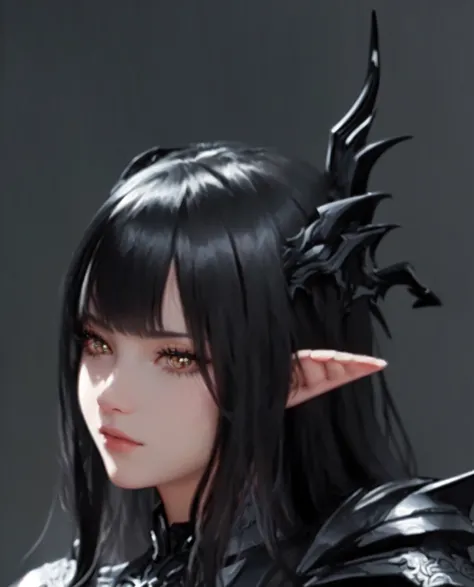 A man in black、Close-up of a black-haired person, Dark Elves, Dark Elves princess, Gu Weiss, beautiful Dark Elves countess, Black hair and black cat ears, dark fantasy style, Detail of long black hair, Fairy Queen, #11: Pixie Long Braided Brown Hair, Elf G...