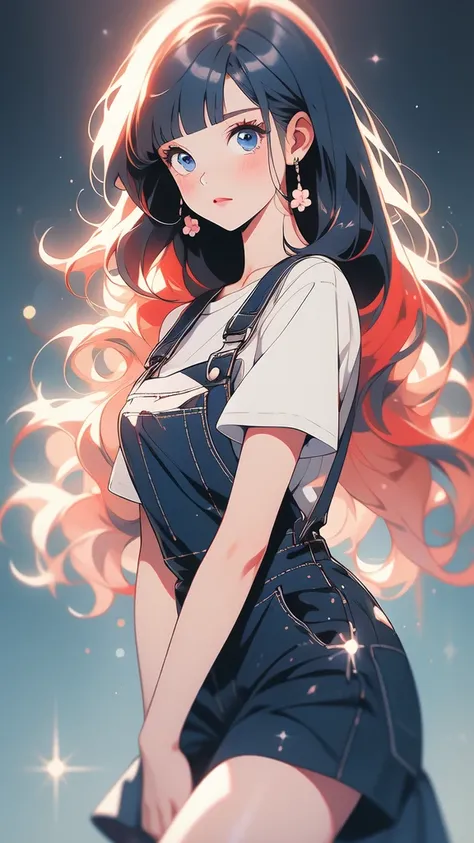 girl wearing a Black sundress, tight, simple anime style
Woman. Flower drawing on sequin overalls. Glossy white lips with sequins. Blunt bangs, red hair, long hair, blue eyes, solo,