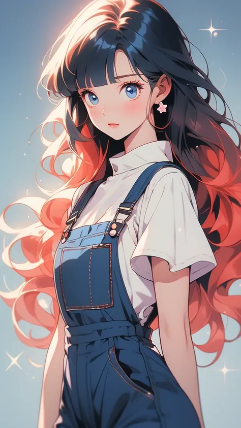 girl wearing a Black sundress, tight, simple anime style
Woman. Flower drawing on sequin overalls. Glossy white lips with sequins. Blunt bangs, red hair, long hair, blue eyes, solo,