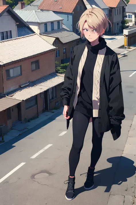 (masterpiece:1.3),(best quality:1.2),(absurdres:1.1), (full body:1.1), dark hair, large sweater, no pants,
mgk_akane, covered ears,looking at viewer,
(highly detailed face and eyes:1.1),standing on a rooftop, simple background,