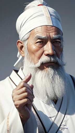 Oriental、An elderly man in plain white ancient Chinese costume、Ancient Chinese hairstyle old man、Highest quality、masterpiece、Ultra-high resolution、(Realistic:1.4)、Game Poster、Crisp and beautiful image quality、White Hair、white and long beard,、White cloth wr...