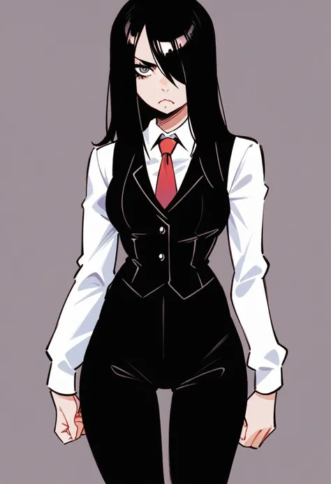 score_9, score_8_up, score_7_up, expressive eyes, perfect face, 1girl, solo, long hair, breasts, looking at viewer, skirt, simple background, shirt, black hair, long sleeves, closed mouth, white shirt, cowboy shot, necktie, collared shirt, hair over one ey...