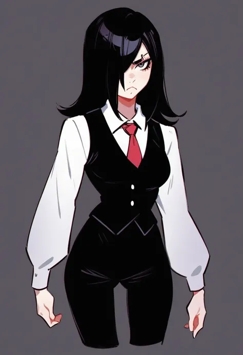 score_9, score_8_up, score_7_up, expressive eyes, perfect face, 1girl, solo, long hair, breasts, looking at viewer, skirt, simple background, shirt, black hair, long sleeves, closed mouth, white shirt, cowboy shot, necktie, collared shirt, hair over one ey...