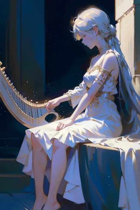 full-body portraits，(Play the harp), (Drawing of girl playing harp), white dresses，low head，With his eyes closed，Mandy Jürgens (Mandy Jurgens) Realistic paintings created, Perverted, arte figurativa, Detailed depiction of the, realistically, An artwork of,...