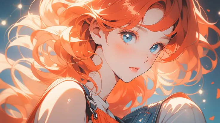 girl wearing a orange sundress, tight, simple anime style
Woman. Flower drawing on sequin overalls. Glossy white lips with sequins. Blunt bangs, red hair, long hair, blue eyes, solo,