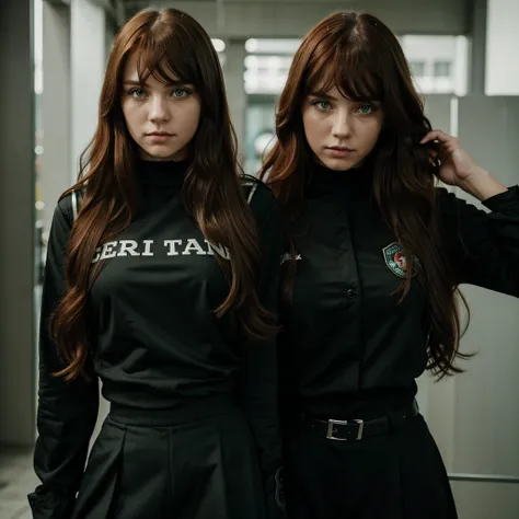 girl, green eyes, long wavy red hair, bangs, bad girl, not smile, thug. black uniform