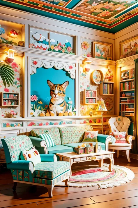 (masterpiece, best quality:1.2), 3d paper cut style，comic book，cute，(living room paper cutting art)，俏皮cute的房间装饰，(paper art furniture)，(Sofa made of folded and decoupage paper，Chairs and tables)，Whimsical Patterns，(The walls are decorated with animals，flowe...