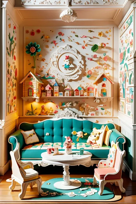 (masterpiece, best quality:1.2), 3d paper cut style，comic book，cute，(living room paper cutting art)，俏皮cute的房间装饰，(paper art furniture)，(Sofa made of folded and decoupage paper，Chairs and tables)，Whimsical Patterns，(The walls are decorated with animals，flowe...