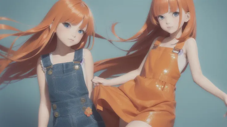 girl wearing a orange sundress, tight, simple anime style
Woman. Flower drawing on sequin overalls. Glossy white lips with sequins. Blunt bangs, red hair, long hair, blue eyes, solo,