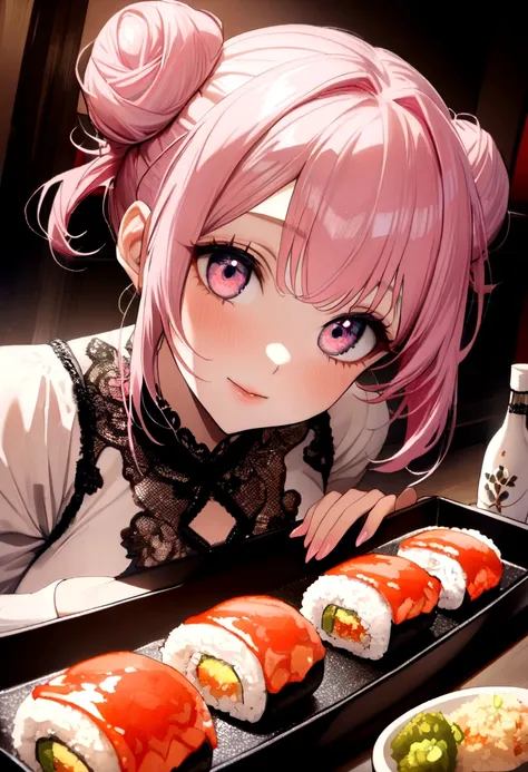 (((Luxurious golden most expensive sushi with rice and sauce))), Fried rice with shrimp, wine, photograph,((masterpiece))、(((Highest quality)))、((Super detailed))、 {Detailed and beautiful eyes}, finely,  Detailed and beautiful eyes,1 Girl, (alone:1.5),  (H...