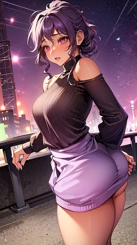 ((best qualityer)),cane girl on a dark bridge full of fireflies with hair tied up two ponytails girl purple hair cute appearance punk clothes purple hair girl wide hips thick thighs curvy voluptuous big breasts muscular body purple hair red eyes embarrasse...