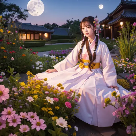 Highest quality, expensive_solve, clear_image, Detailed Background ,girl, hanbok,flower,garden,moon, night,Dutch Angle, Wide Shot, Crown,