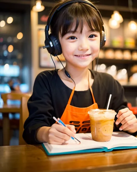  Looking at this, smile, Ultra HD、128ｋ、Masterpiece、Cute little kindergarten girl studying in a coffee shop while listening to music on headphones、orange juice, clavicle, RAW Photo、Cute girl in black clothes、Hands on headphones, Warm lighting、Beautiful nigh...