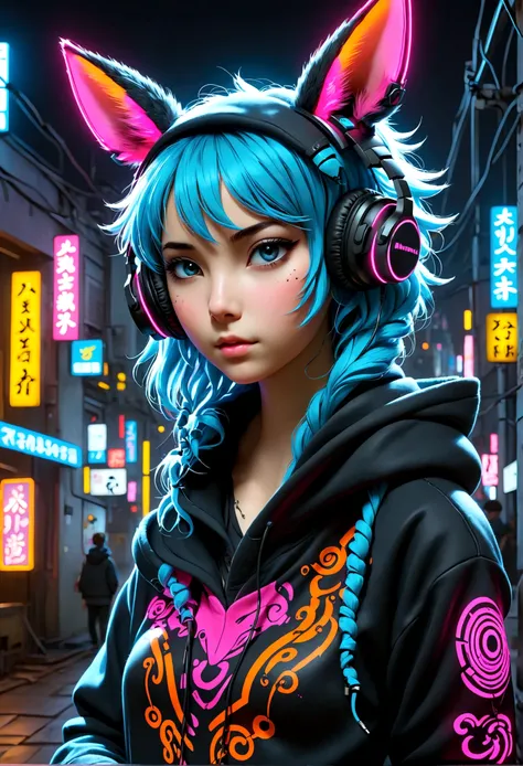 Neon Light、night、cyber punk、Headphones on neck、Animal ears hoodie、Girl、