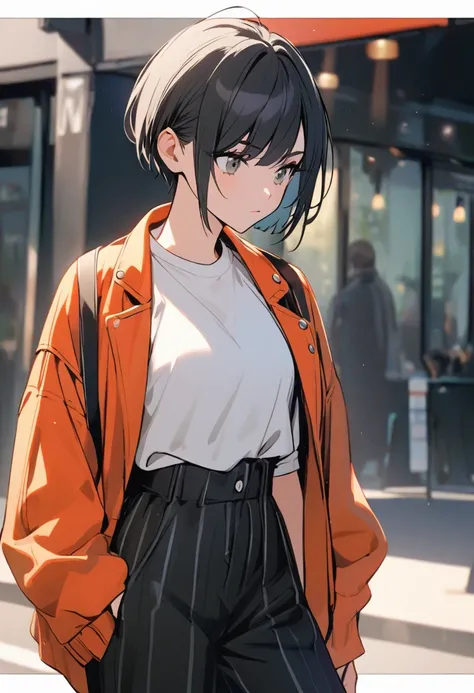 black hair, white shirt, jacket, 1girl, short hair, boyish, stylish, bright