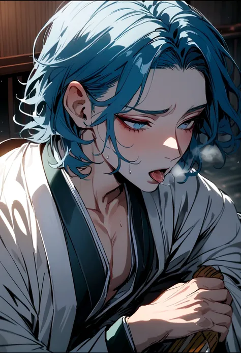 Demon slayer,male,short ocean blue hair,highly detailed,uses lust breathing, Japanese clothing,