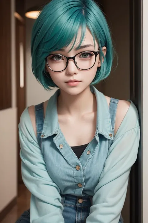 Girl with short blue-green hair and brown eyes with glasses