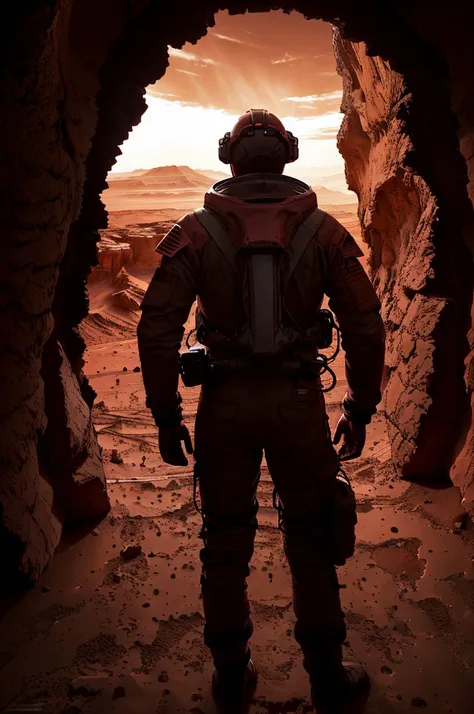 An explorer stands at the landing hatch with a confident posture, wearing spacesuit equipment, with his back to the camera. Outside is the gray-red sky and the desolate landscape of Mars, with dark red sand dunes, gravels, canyons and distant mountains, an...