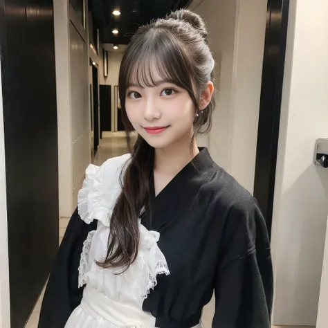 Draw a female idol singer being interviewed。She is Japanese。１９years old。cute。Hair color is black。The hairstyle is a ponytail。The mouth size is small。The face has a smiling expression。The costume is white and frilly.。Being interviewed while being photograph...