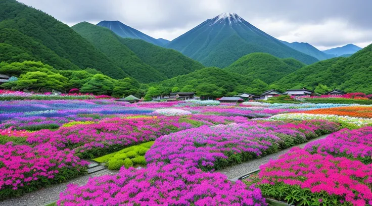 Nice views, Vast landscape, Sharp and crisp backgrounds, Very beautiful scenery,Flower Garden、Mountains in Japan, Highest quality, masterpiece, Ultra-high resolution, Dark blue light, cloudy, photograph, photographrealistic, A broad perspective, kkw-ph1