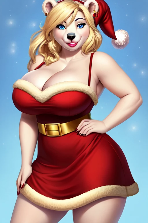 Blonde polar bear woman, wearing a backless Santa dress, perfect face, blue eyes, big breasts, cleavage, three-quarter view, solo, smile, perfect detailed body, pink lipstick, hand on hips, gold earring,