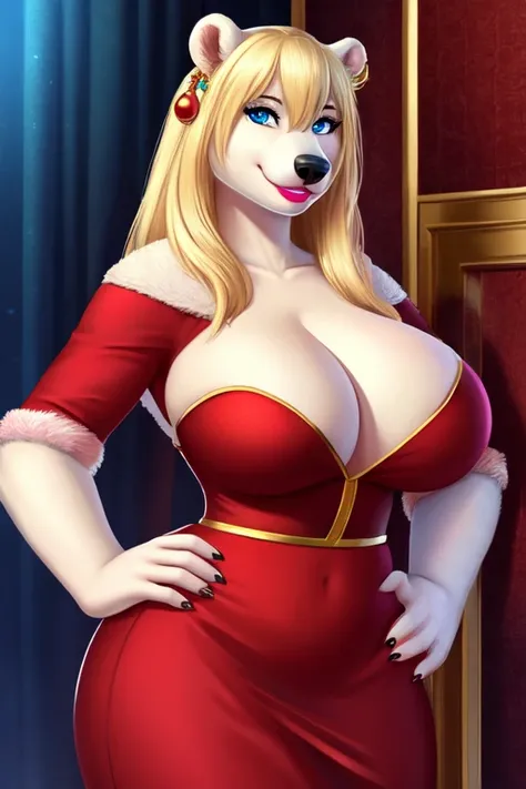 Blonde polar bear woman, wearing a backless Santa dress, perfect face, blue eyes, big breasts, cleavage, three-quarter view, solo, smile, perfect detailed body, pink lipstick, hand on hips, gold earring,