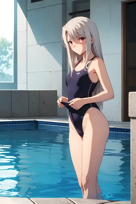 NSFW , (Highest quality:1.5, High resolution, 4K, Detailed lighting, Shaders), Illyasviel von Einzbern　alone, Cowboy Shot,Long Hair, Gray Hair, Red eyes, ((Swimsuit))＋＋　M-shaped foot　Sexy Looks　Seductive gestures　atmosphere　　Super blushing　Realistic beauti...