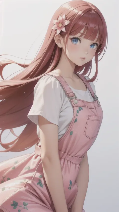 girl wearing a pink sundress, tight, simple anime style woman. flower drawing on sequin overalls. glossy white lips with sequins...