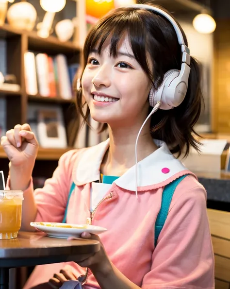  Looking at this, smile, Ultra HD、128ｋ、Masterpiece、Cute little kindergarten girl studying in a coffee shop while listening to music on headphones、orange juice, clavicle, RAW Photo、Cute girl in pink clothes with white collar、Hands on headphones, Warm lighti...