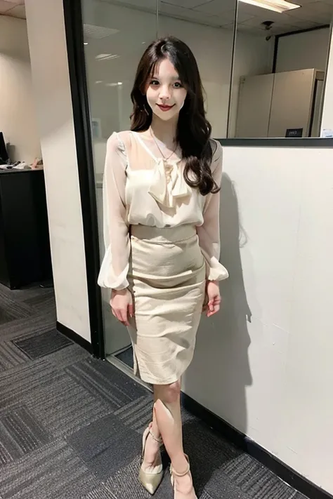 Japanese woman in her 40oist eyes、Hair is semi-long、Shiny blouse、Blouse has a ribbon、Knee-length beige skirt、Brown high heels、The location is walking through an office district.、Neat sex appeal、Eyes on the camera、Realistic photos、Full Body