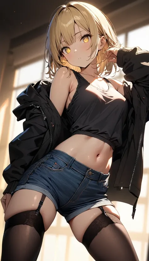 a handsome girl, solo, blond hair, yellow eyes, bright eyes, bangs, ”hood jacket”, tank top, navel, off shoulder, bare shoulders, open jacket, denim shorts, black tights, garter straps, expressionless, blurry background, perfect lighting, perfect angle, be...