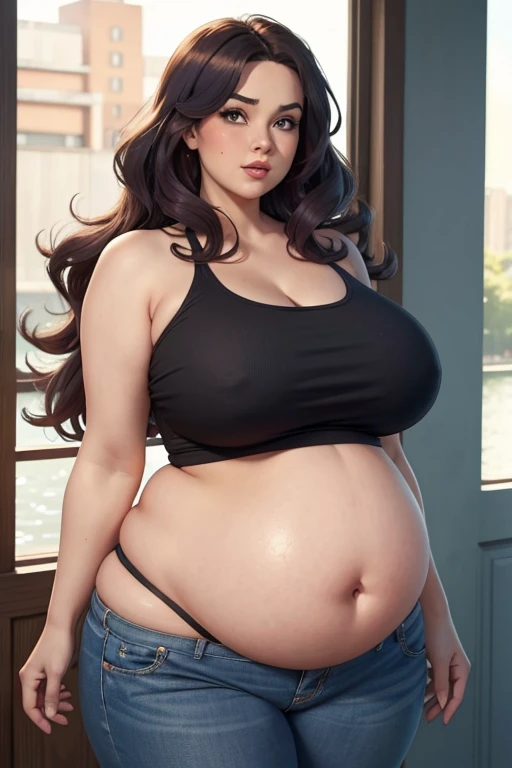 Pixar style, adult strong MILF, gorgeous face, Solo, Long wavy hair, random hair colour, casual outfit, thick body, luscious lips, obese, overweight, BBW, big round pregnant belly, saggy breasts, wide waist, lakeside 